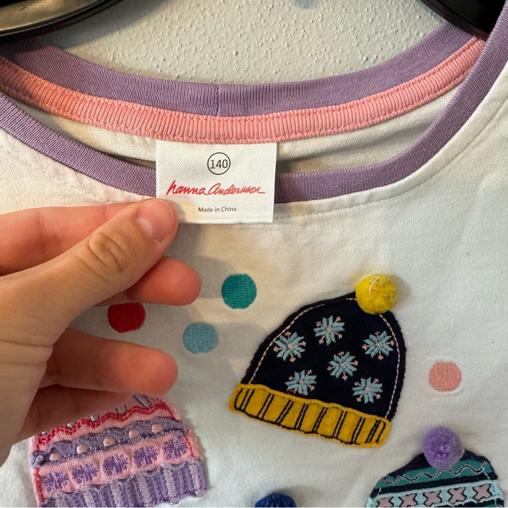 Hanna Andersson Kids White Winter Beanie Graphic Long Sleeve Tee Size 140 - Picture 3 of 6